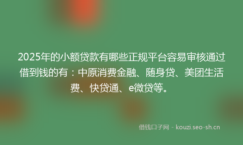 2025年的小额贷款有哪些正规平台容易审核通过借到钱的有：中原消费金融、随身贷、美团生活费、快贷通、e微贷等。