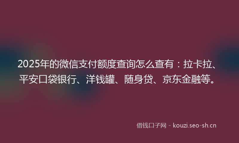 2025年的微信支付额度查询怎么查有：拉卡拉、平安口袋银行、洋钱罐、随身贷、京东金融等。