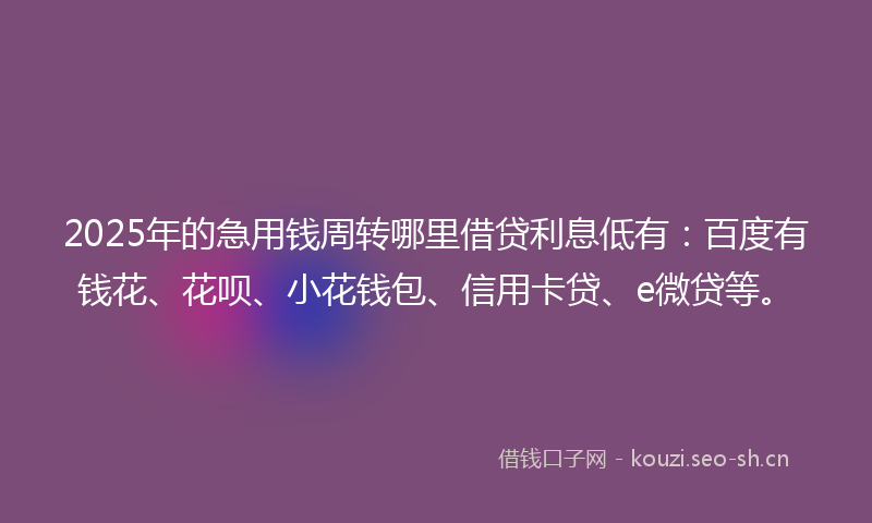 2025年的急用钱周转哪里借贷利息低有：百度有钱花、花呗、小花钱包、信用卡贷、e微贷等。