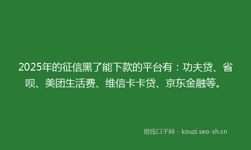 2025年的征信黑了能下款的平台有：功夫贷、省呗、美团生活费、维信卡卡贷、京东金融等。