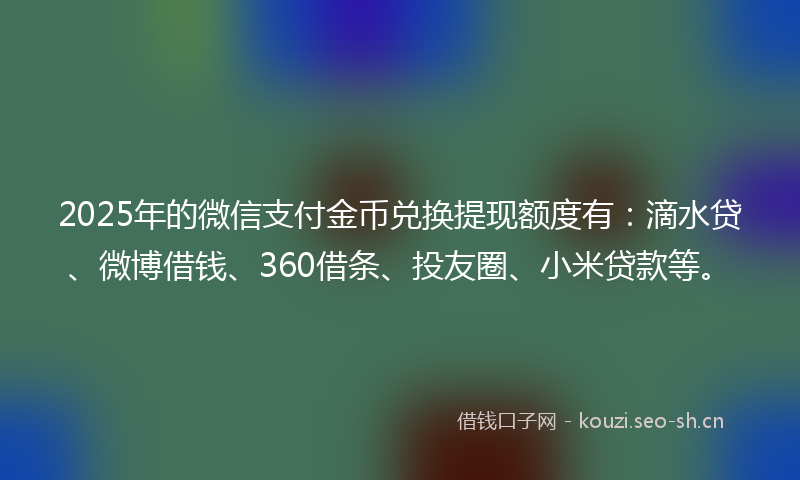 2025年的微信支付金币兑换提现额度有：滴水贷、微博借钱、360借条、投友圈、小米贷款等。