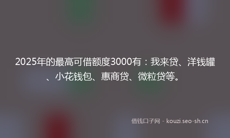 2025年的最高可借额度3000有：我来贷、洋钱罐、小花钱包、惠商贷、微粒贷等。
