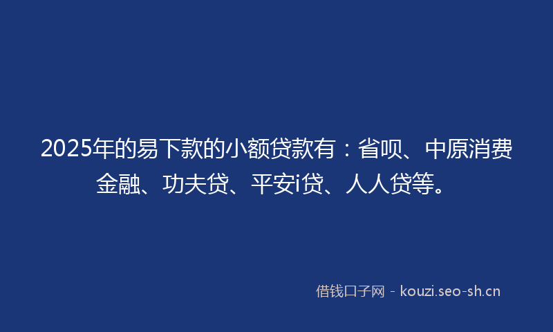 2025年的易下款的小额贷款有：省呗、中原消费金融、功夫贷、平安i贷、人人贷等。
