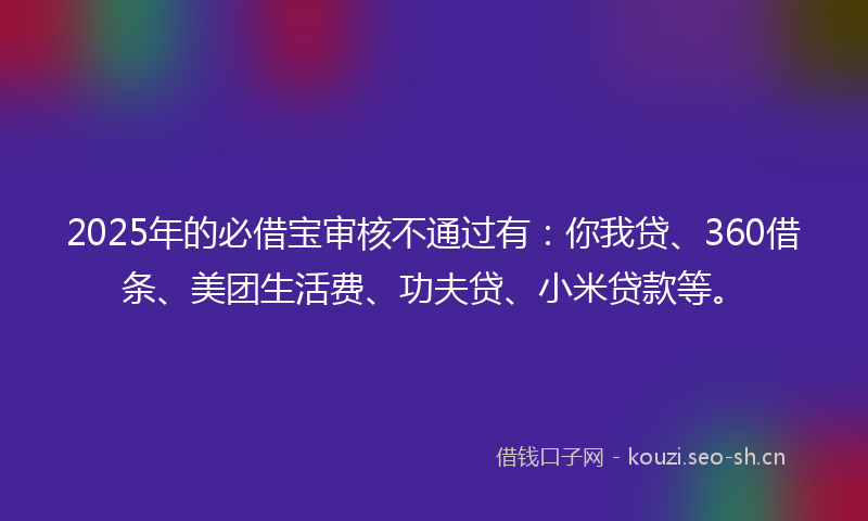2025年的必借宝审核不通过有：你我贷、360借条、美团生活费、功夫贷、小米贷款等。