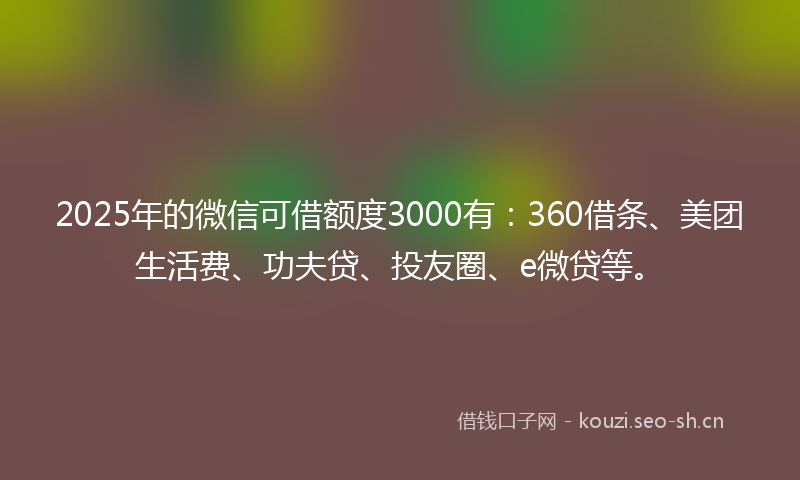 2025年的微信可借额度3000有：360借条、美团生活费、功夫贷、投友圈、e微贷等。