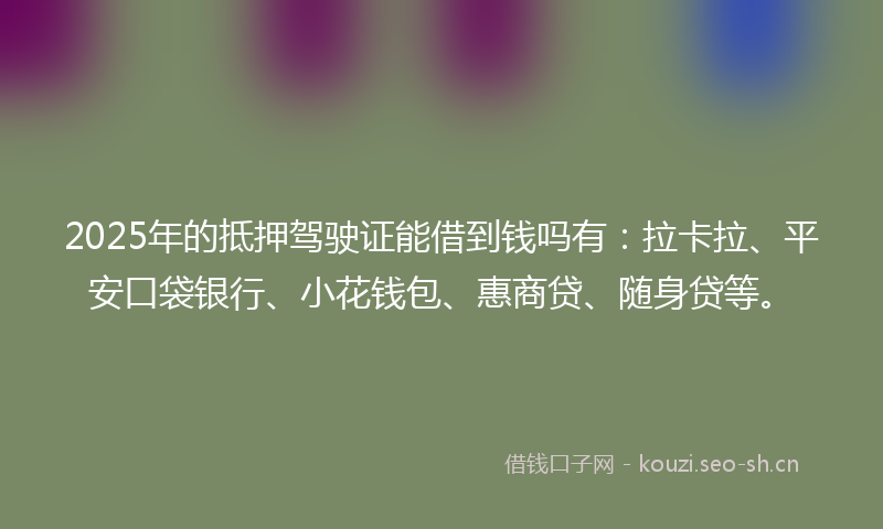 2025年的抵押驾驶证能借到钱吗有：拉卡拉、平安口袋银行、小花钱包、惠商贷、随身贷等。