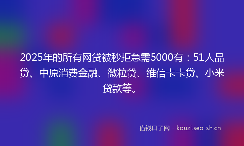 2025年的所有网贷被秒拒急需5000有：51人品贷、中原消费金融、微粒贷、维信卡卡贷、小米贷款等。
