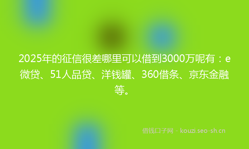 2025年的征信很差哪里可以借到3000万呢有：e微贷、51人品贷、洋钱罐、360借条、京东金融等。