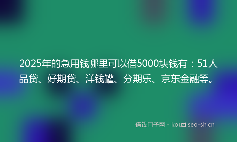 2025年的急用钱哪里可以借5000块钱有：51人品贷、好期贷、洋钱罐、分期乐、京东金融等。