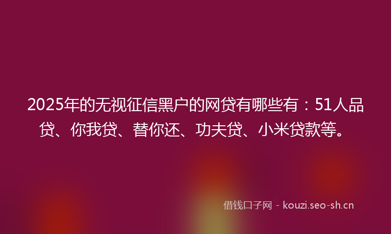2025年的无视征信黑户的网贷有哪些有：51人品贷、你我贷、替你还、功夫贷、小米贷款等。