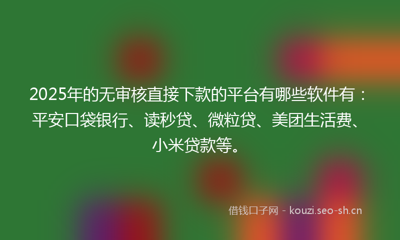 2025年的无审核直接下款的平台有哪些软件有：平安口袋银行、读秒贷、微粒贷、美团生活费、小米贷款等。