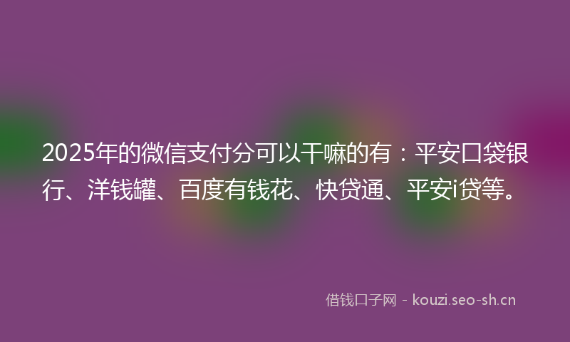 2025年的微信支付分可以干嘛的有：平安口袋银行、洋钱罐、百度有钱花、快贷通、平安i贷等。