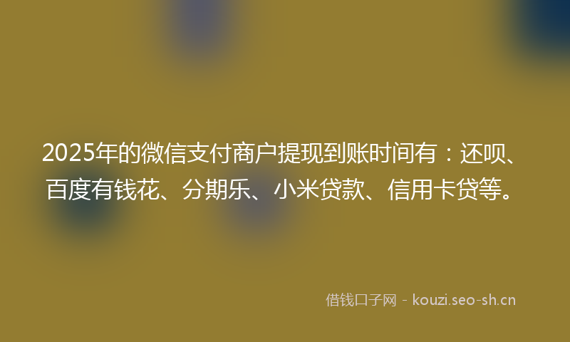 2025年的微信支付商户提现到账时间有：还呗、百度有钱花、分期乐、小米贷款、信用卡贷等。