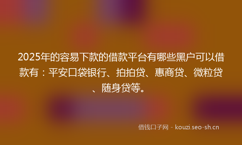 2025年的容易下款的借款平台有哪些黑户可以借款有：平安口袋银行、拍拍贷、惠商贷、微粒贷、随身贷等。