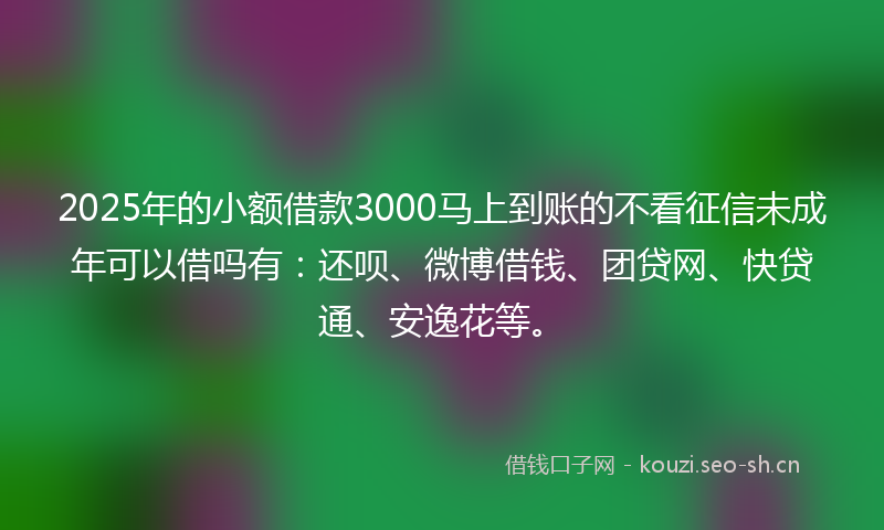 2025年的小额借款3000马上到账的不看征信未成年可以借吗有：还呗、微博借钱、团贷网、快贷通、安逸花等。