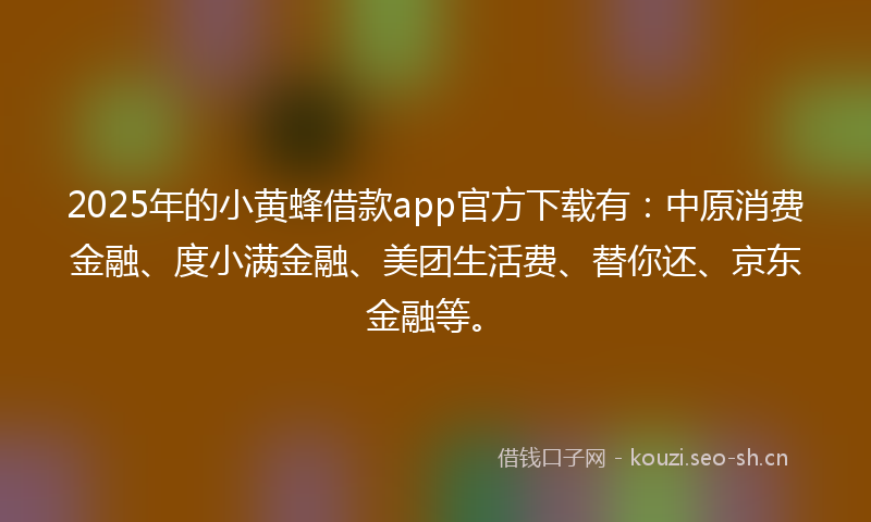 2025年的小黄蜂借款app官方下载有：中原消费金融、度小满金融、美团生活费、替你还、京东金融等。