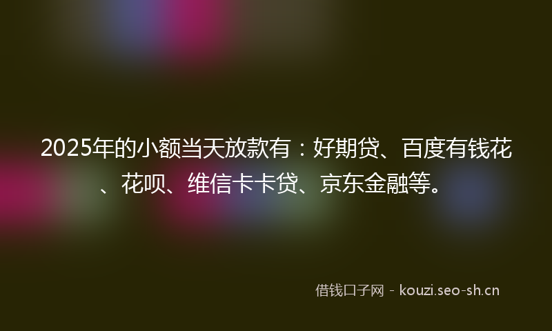 2025年的小额当天放款有：好期贷、百度有钱花、花呗、维信卡卡贷、京东金融等。