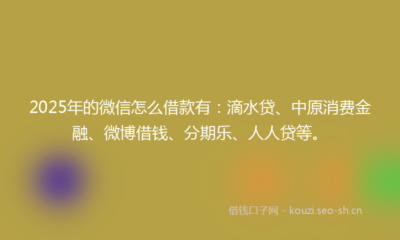 2025年的微信怎么借款有：滴水贷、中原消费金融、微博借钱、分期乐、人人贷等。