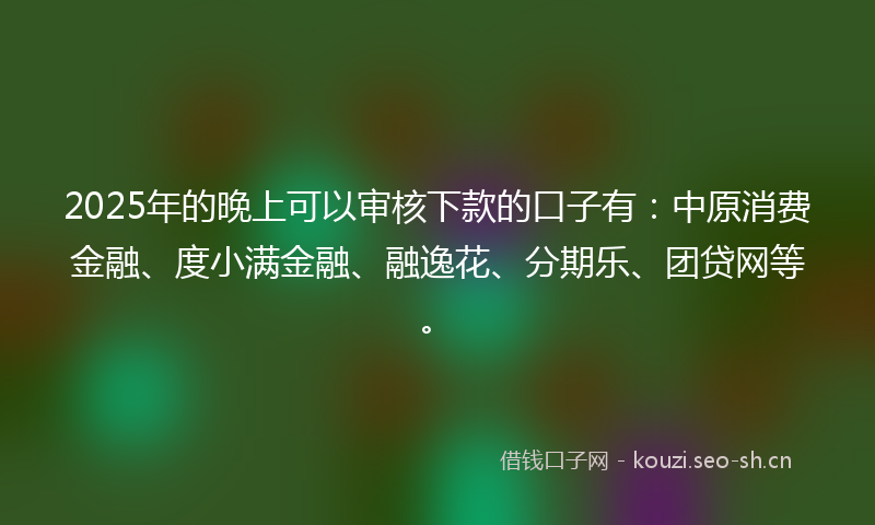 2025年的晚上可以审核下款的口子有：中原消费金融、度小满金融、融逸花、分期乐、团贷网等。