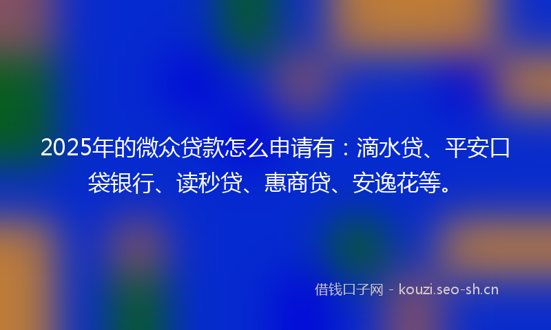 2025年的微众贷款怎么申请有：滴水贷、平安口袋银行、读秒贷、惠商贷、安逸花等。