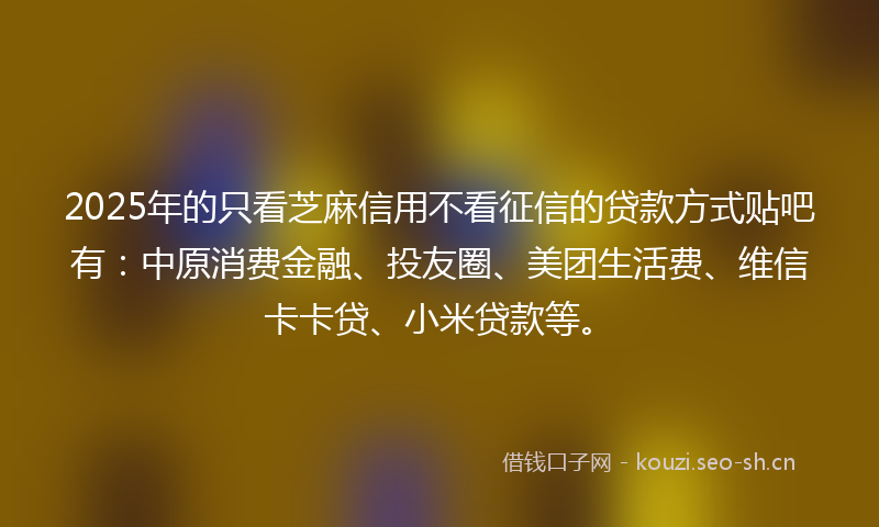 2025年的只看芝麻信用不看征信的贷款方式贴吧有：中原消费金融、投友圈、美团生活费、维信卡卡贷、小米贷款等。