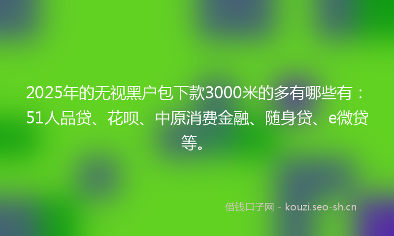 2025年的无视黑户包下款3000米的多有哪些有：51人品贷、花呗、中原消费金融、随身贷、e微贷等。