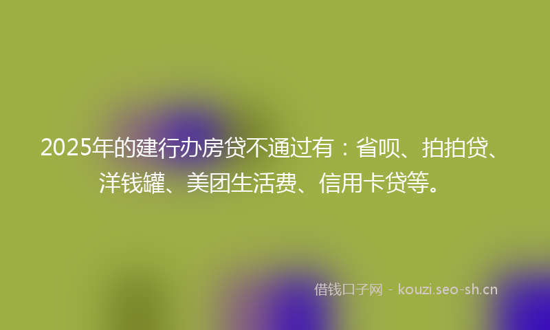 2025年的建行办房贷不通过有：省呗、拍拍贷、洋钱罐、美团生活费、信用卡贷等。