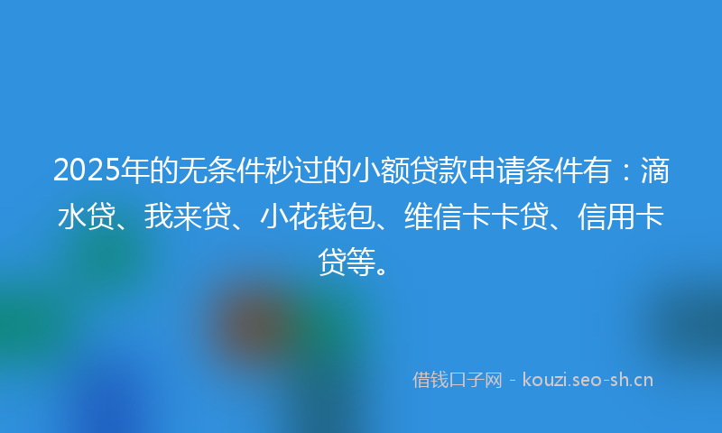2025年的无条件秒过的小额贷款申请条件有：滴水贷、我来贷、小花钱包、维信卡卡贷、信用卡贷等。