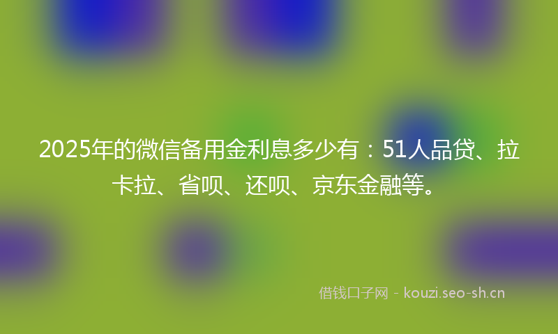 2025年的微信备用金利息多少有：51人品贷、拉卡拉、省呗、还呗、京东金融等。