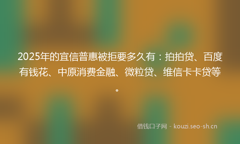 2025年的宜信普惠被拒要多久有：拍拍贷、百度有钱花、中原消费金融、微粒贷、维信卡卡贷等。