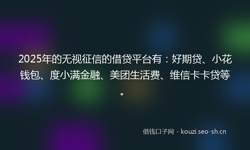 2025年的无视征信的借贷平台有：好期贷、小花钱包、度小满金融、美团生活费、维信卡卡贷等。
