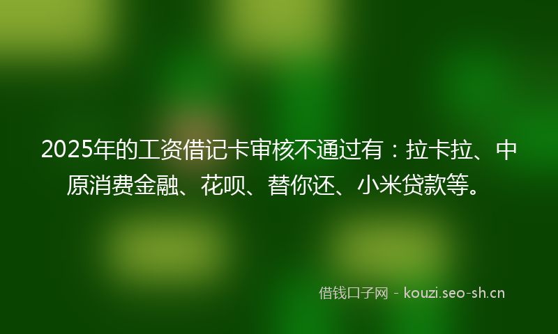 2025年的工资借记卡审核不通过有：拉卡拉、中原消费金融、花呗、替你还、小米贷款等。