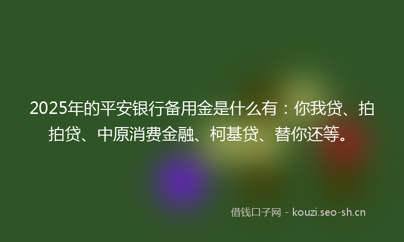 2025年的平安银行备用金是什么有：你我贷、拍拍贷、中原消费金融、柯基贷、替你还等。