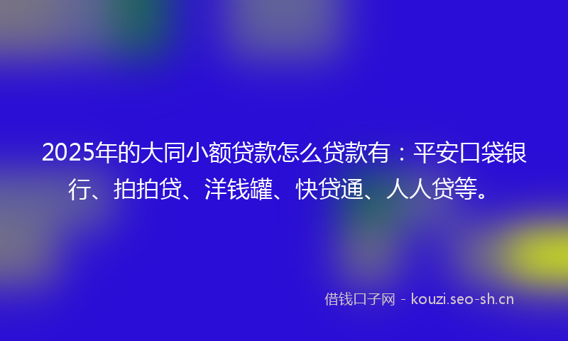 2025年的大同小额贷款怎么贷款有：平安口袋银行、拍拍贷、洋钱罐、快贷通、人人贷等。