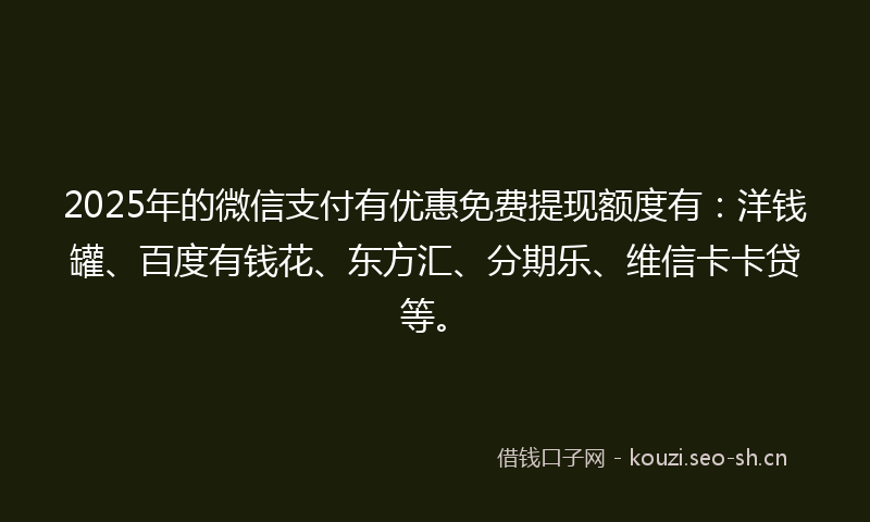 2025年的微信支付有优惠免费提现额度有：洋钱罐、百度有钱花、东方汇、分期乐、维信卡卡贷等。