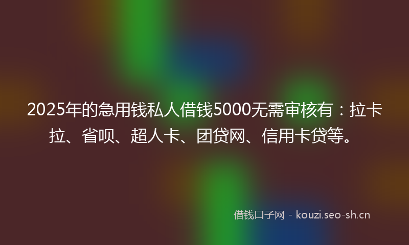2025年的急用钱私人借钱5000无需审核有：拉卡拉、省呗、超人卡、团贷网、信用卡贷等。
