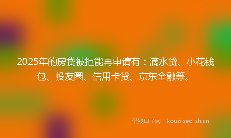 2025年的房贷被拒能再申请有：滴水贷、小花钱包、投友圈、信用卡贷、京东金融等。