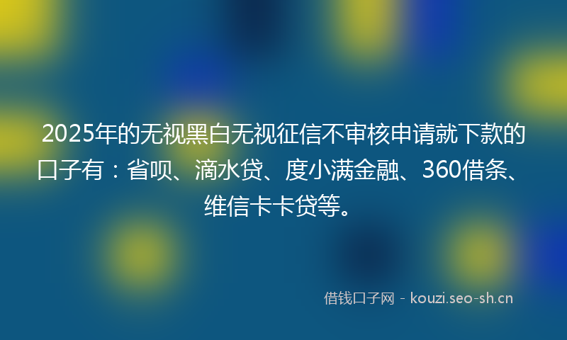 2025年的无视黑白无视征信不审核申请就下款的口子有：省呗、滴水贷、度小满金融、360借条、维信卡卡贷等。