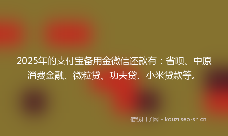 2025年的支付宝备用金微信还款有：省呗、中原消费金融、微粒贷、功夫贷、小米贷款等。