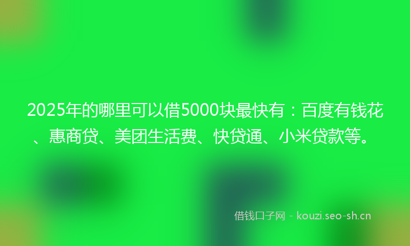 2025年的哪里可以借5000块最快有：百度有钱花、惠商贷、美团生活费、快贷通、小米贷款等。