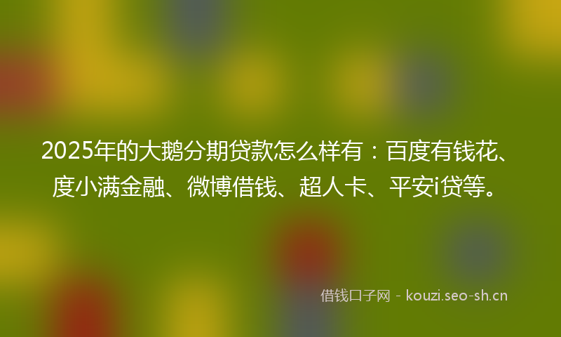 2025年的大鹅分期贷款怎么样有：百度有钱花、度小满金融、微博借钱、超人卡、平安i贷等。