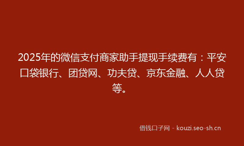 2025年的微信支付商家助手提现手续费有：平安口袋银行、团贷网、功夫贷、京东金融、人人贷等。