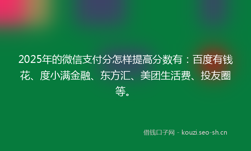 2025年的微信支付分怎样提高分数有：百度有钱花、度小满金融、东方汇、美团生活费、投友圈等。