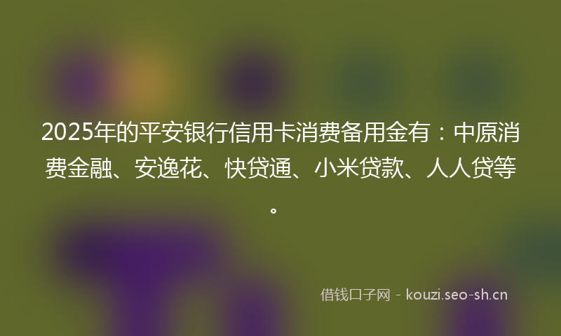 2025年的平安银行信用卡消费备用金有：中原消费金融、安逸花、快贷通、小米贷款、人人贷等。