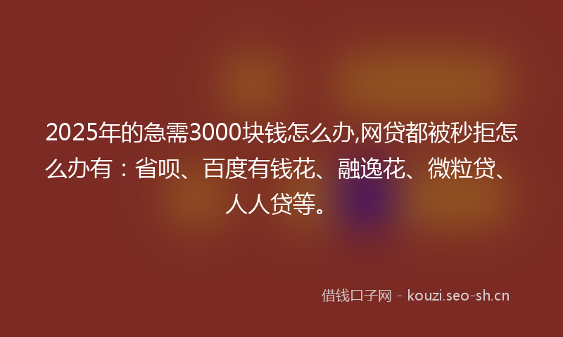 2025年的急需3000块钱怎么办,网贷都被秒拒怎么办有：省呗、百度有钱花、融逸花、微粒贷、人人贷等。