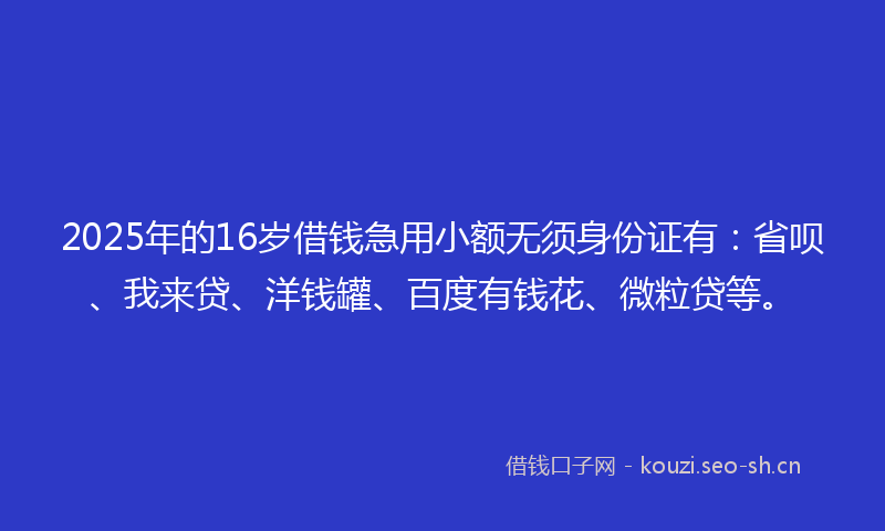 2025年的16岁借钱急用小额无须身份证有：省呗、我来贷、洋钱罐、百度有钱花、微粒贷等。