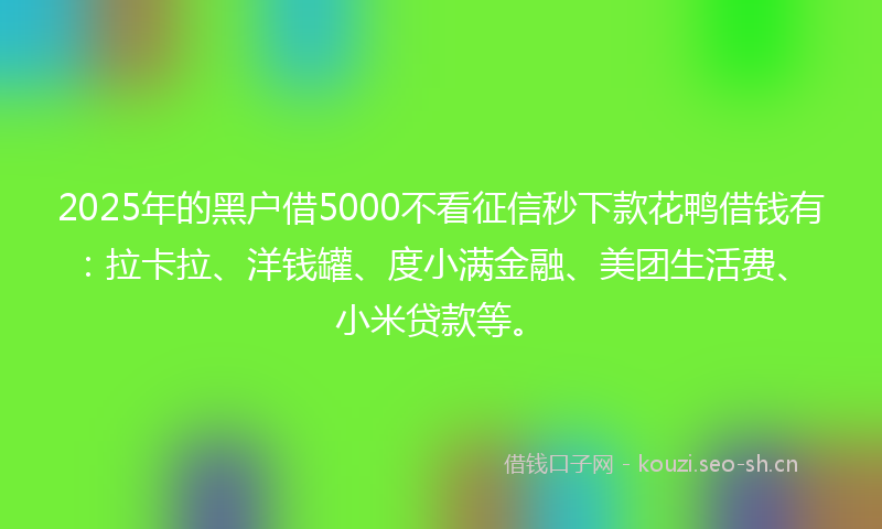 2025年的黑户借5000不看征信秒下款花鸭借钱有：拉卡拉、洋钱罐、度小满金融、美团生活费、小米贷款等。