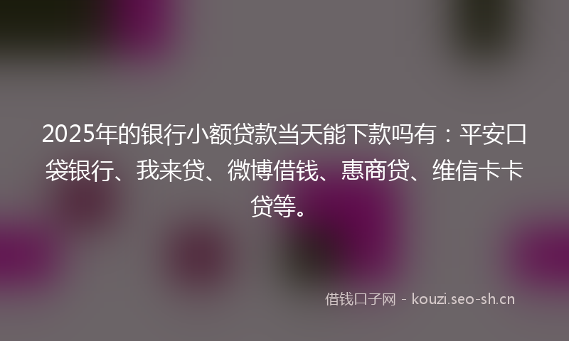 2025年的银行小额贷款当天能下款吗有：平安口袋银行、我来贷、微博借钱、惠商贷、维信卡卡贷等。