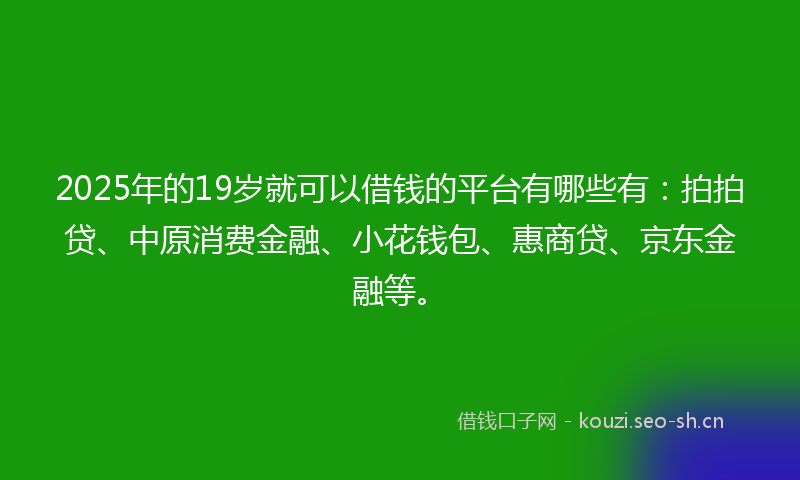 2025年的19岁就可以借钱的平台有哪些有：拍拍贷、中原消费金融、小花钱包、惠商贷、京东金融等。