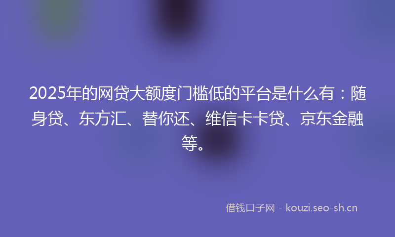 2025年的网贷大额度门槛低的平台是什么有：随身贷、东方汇、替你还、维信卡卡贷、京东金融等。